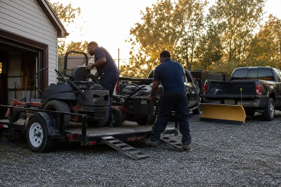 Crew loading mowers onto a trailer at the end of the day