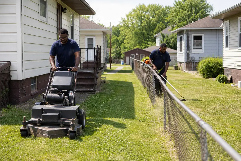 Two workers mowing and trimming small yards on a postwar block