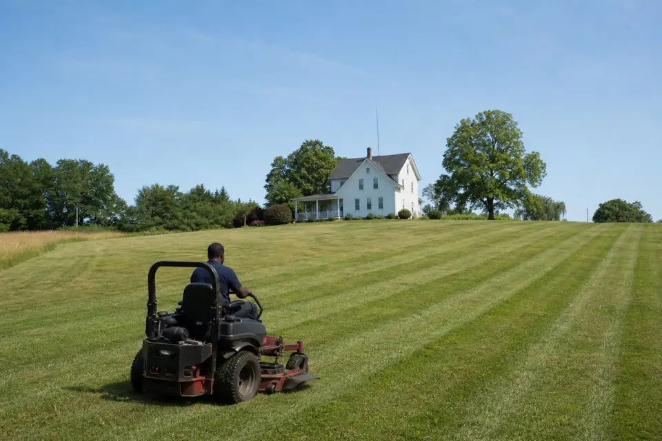 Zero-turn mower cutting long stripes on a large semi-rural lot