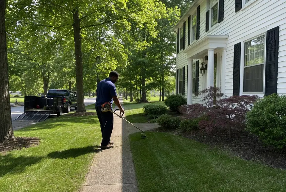 Worker string trimming along the front walk of a white colonial