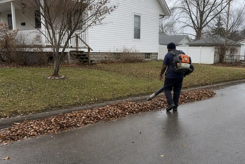 Worker blowing cleared leaves into one row along the curb