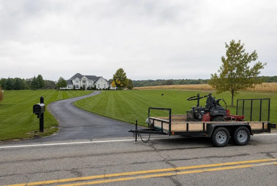 Freshly mowed big-lot yard beside open farmland