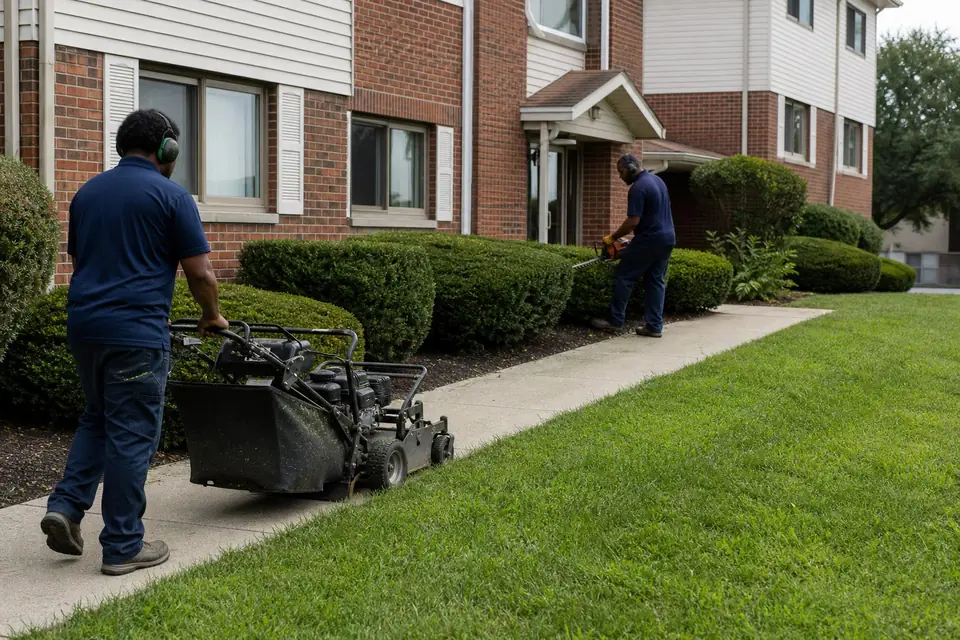 Crew mowing and trimming hedges at an apartment complex