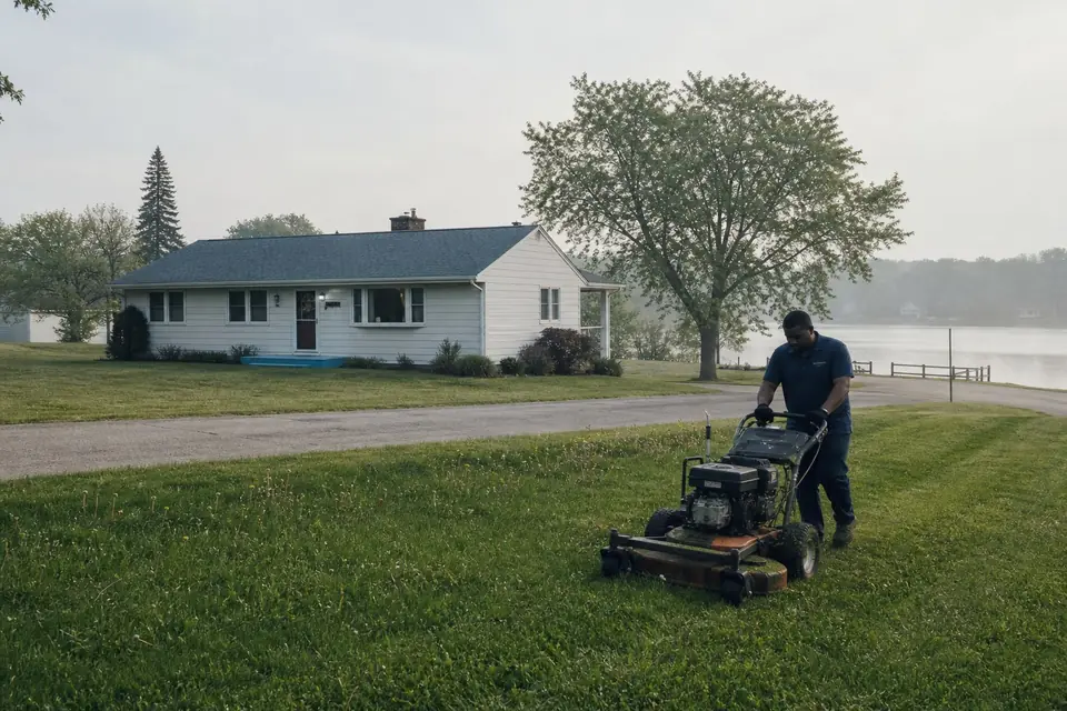 Walk-behind mower on a corner lot lawn on a misty spring morning