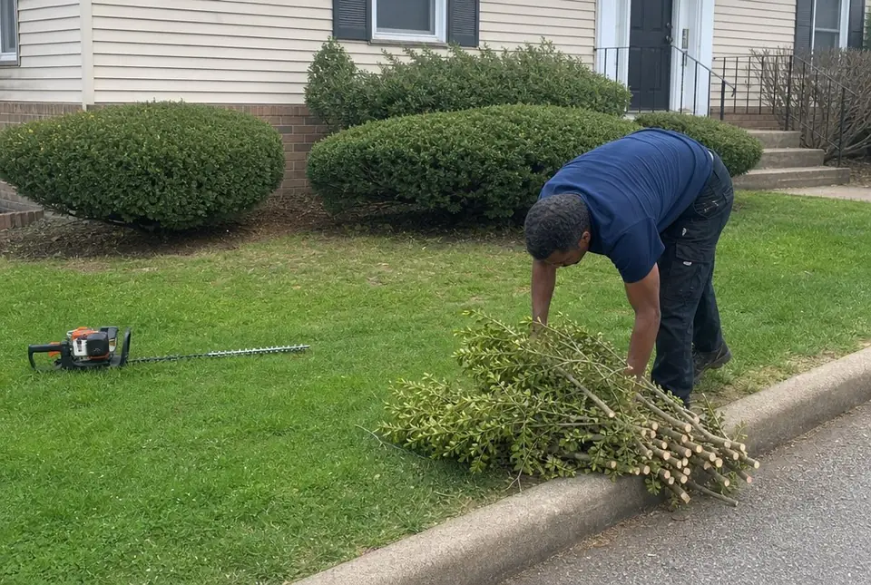 Worker stacking trimmed shrub branches in one pile at the curb