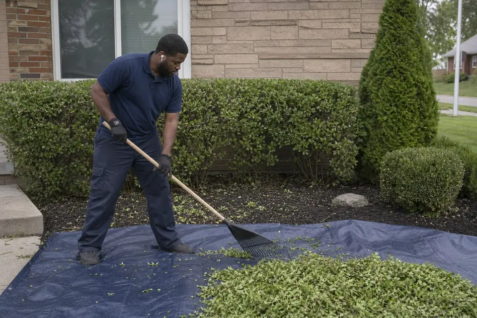 Crew member raking hedge clippings onto a tarp