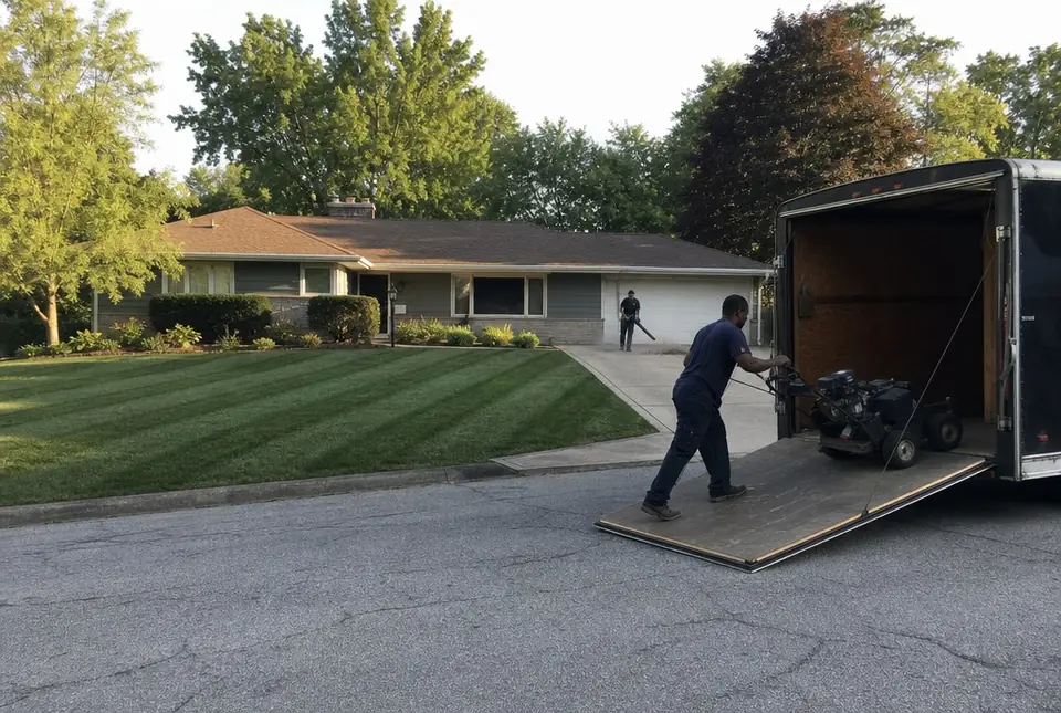 Crew loading the trailer after finishing a ranch house lawn