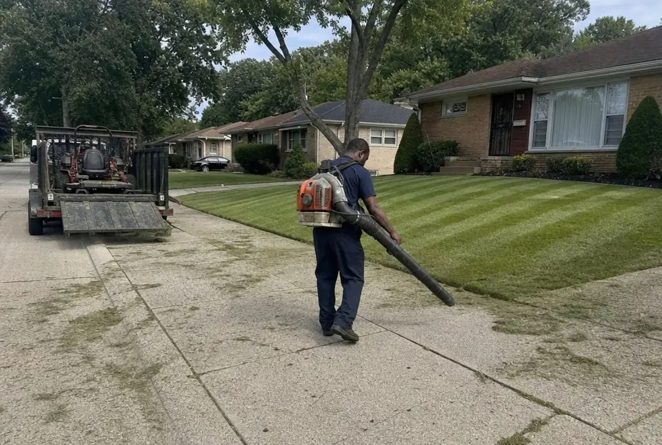 Worker blowing clippings off a ranch driveway after the mow