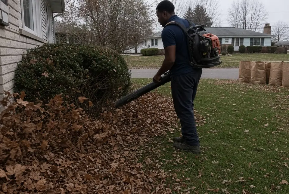 Worker blowing leaves out from under foundation shrubs
