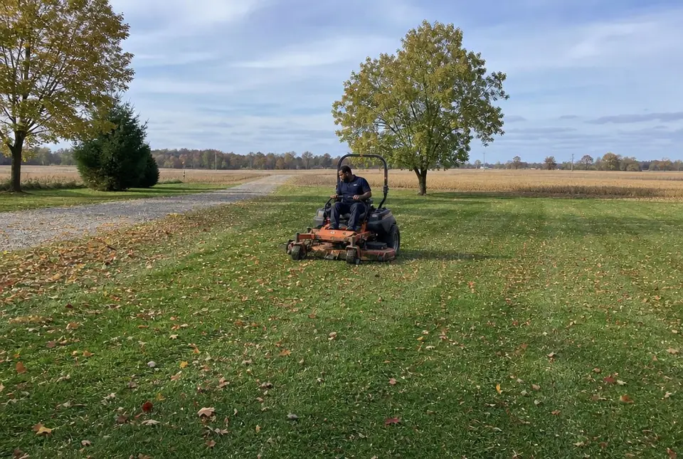 Worker mulching fall leaves with a zero-turn on a big rural lawn