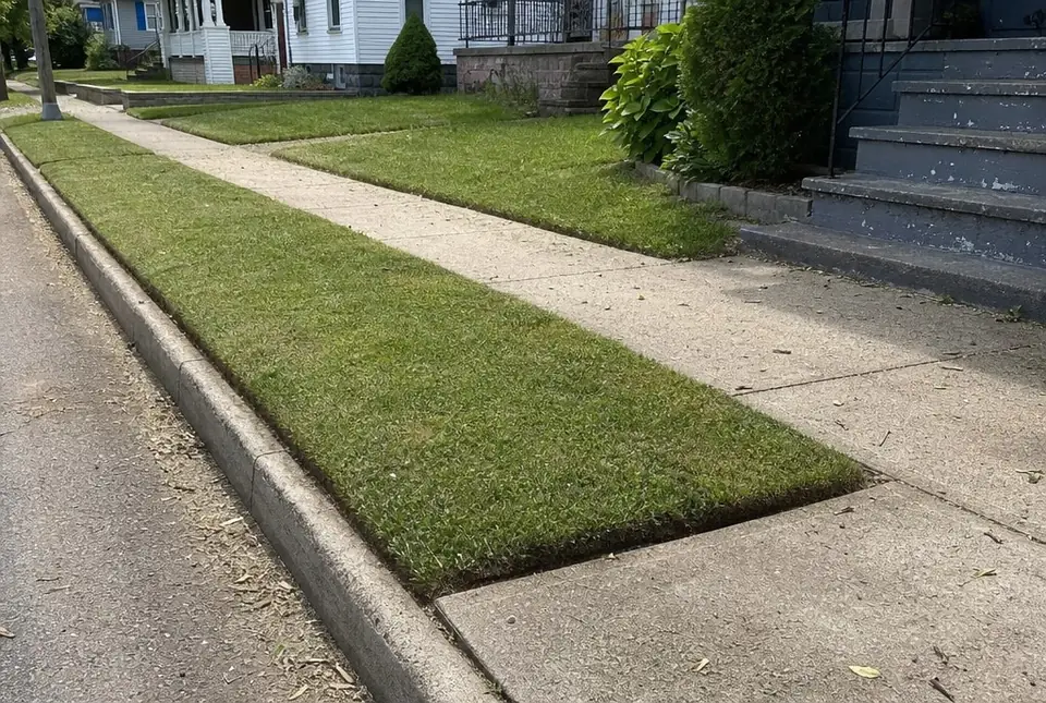 Crisp fresh edge along a sidewalk beside a just-mowed lawn