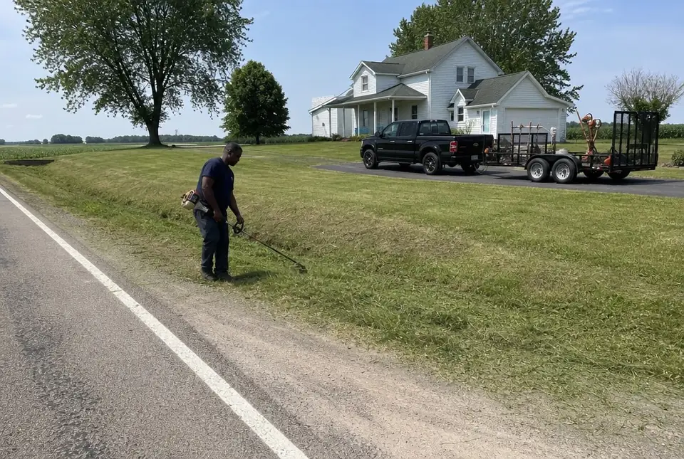 Worker trimming the roadside bank in front of a farmhouse