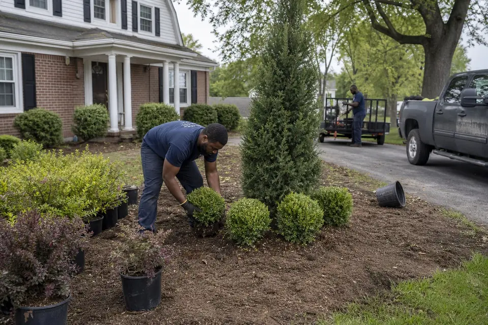 Crew member arranging shrubs by height in a new foundation bed