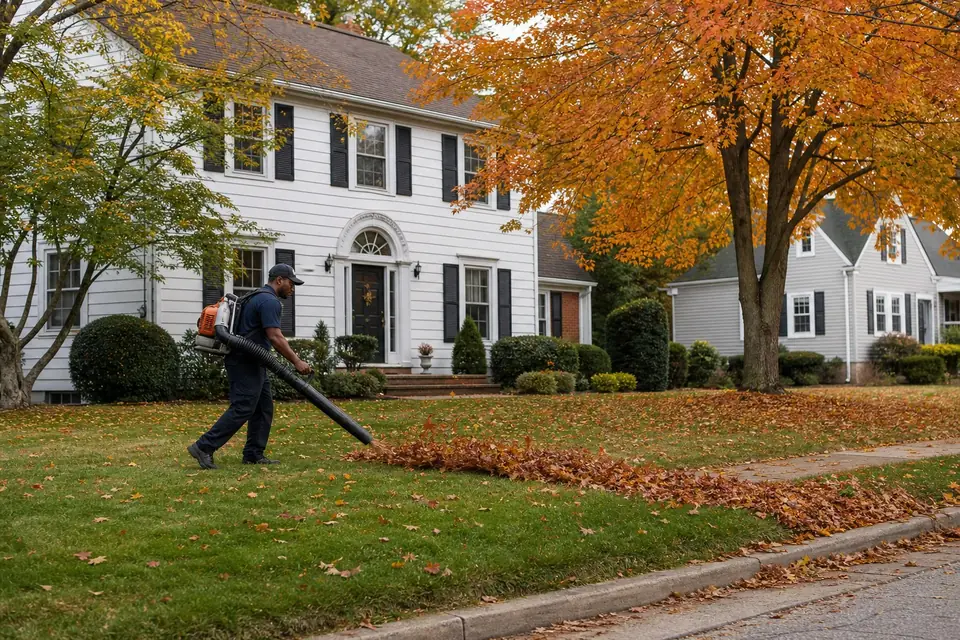 Crew member blowing a row of fall leaves toward the curb