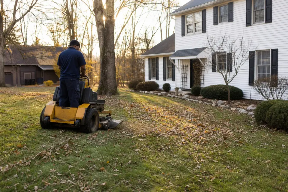 Crew member doing the final fall mow on a zero-turn mower