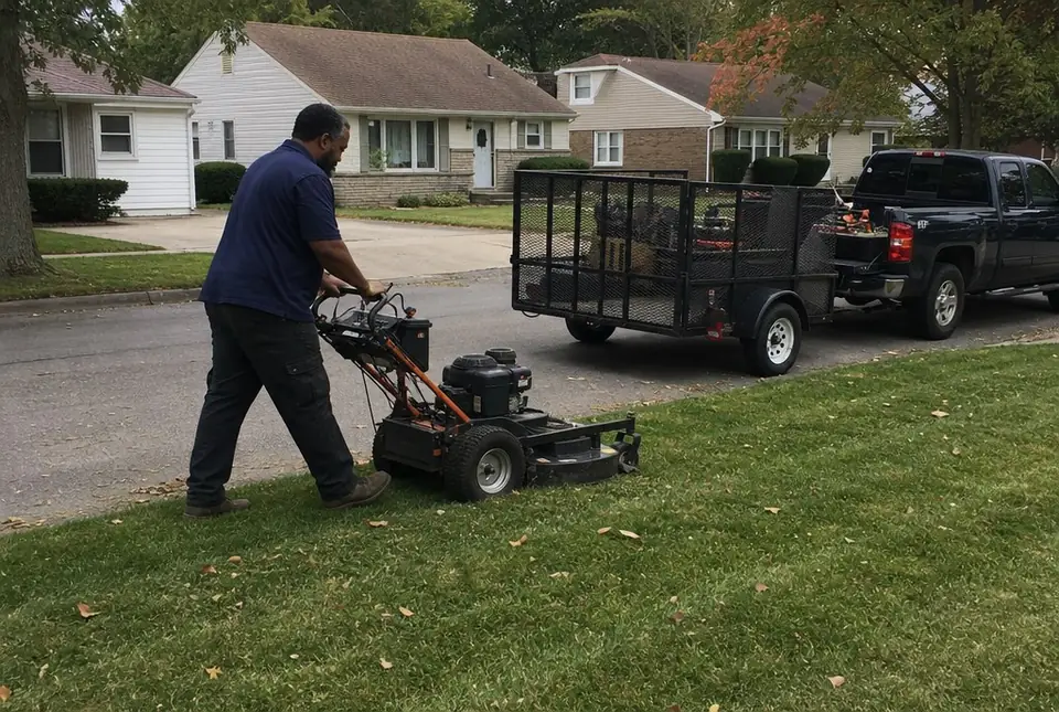 Worker mowing a small front lawn with a commercial walk-behind