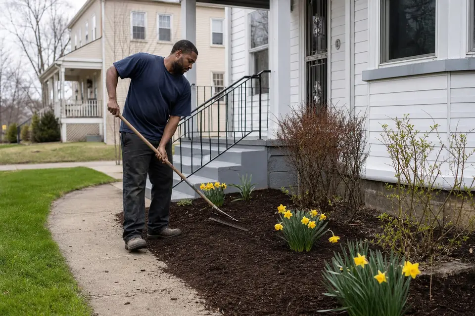 Fresh spring mulch bed with daffodils along a front walk