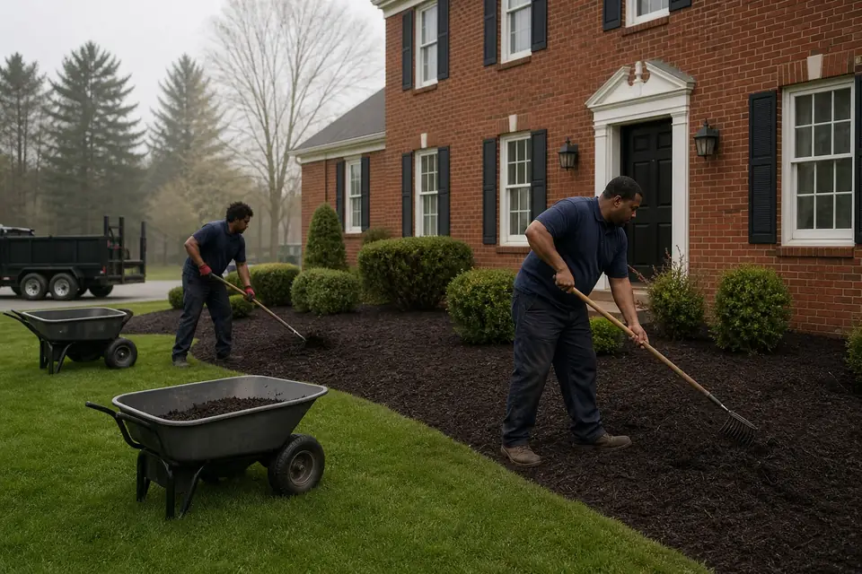 Two crew members raking mulch evenly across a large bed