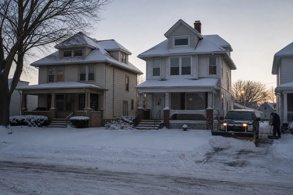 Plow truck clearing a narrow driveway between older houses at dawn