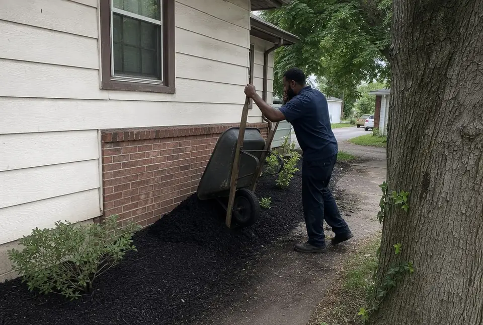 Worker spreading fresh mulch in front of a compact older home