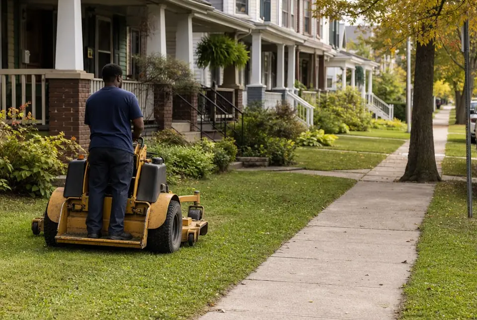 Worker mowing a porch-front lawn with a stand-on mower