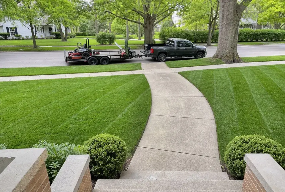 Freshly mowed lawn and old trees seen from a front porch