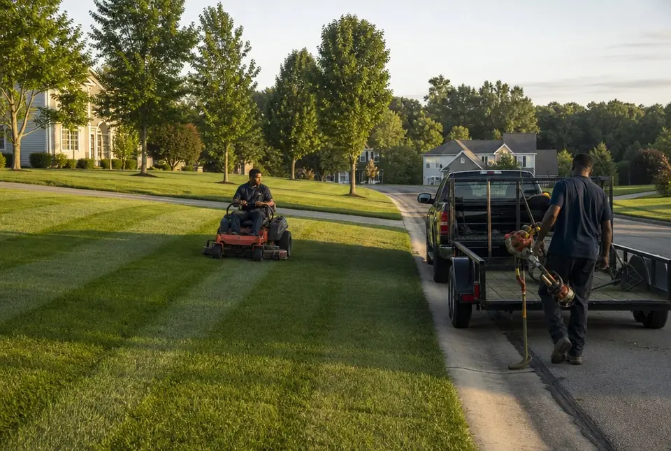 Worker mowing a corner lot on a curving subdivision street
