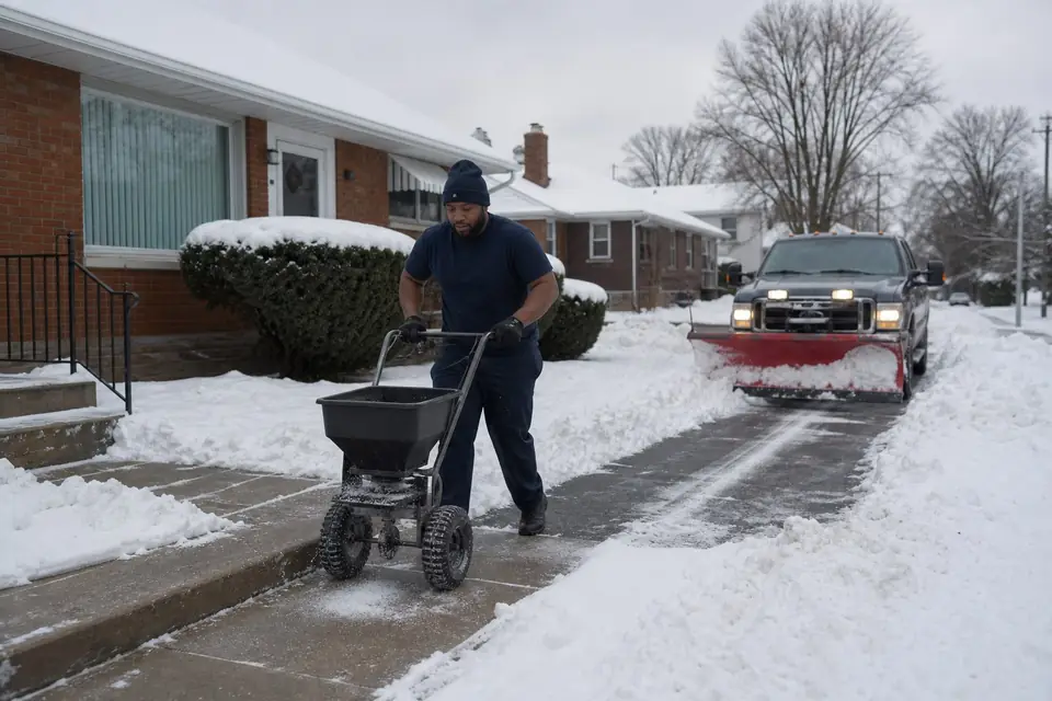 Crew member salting a cleared front walk while a plow truck clears the driveway