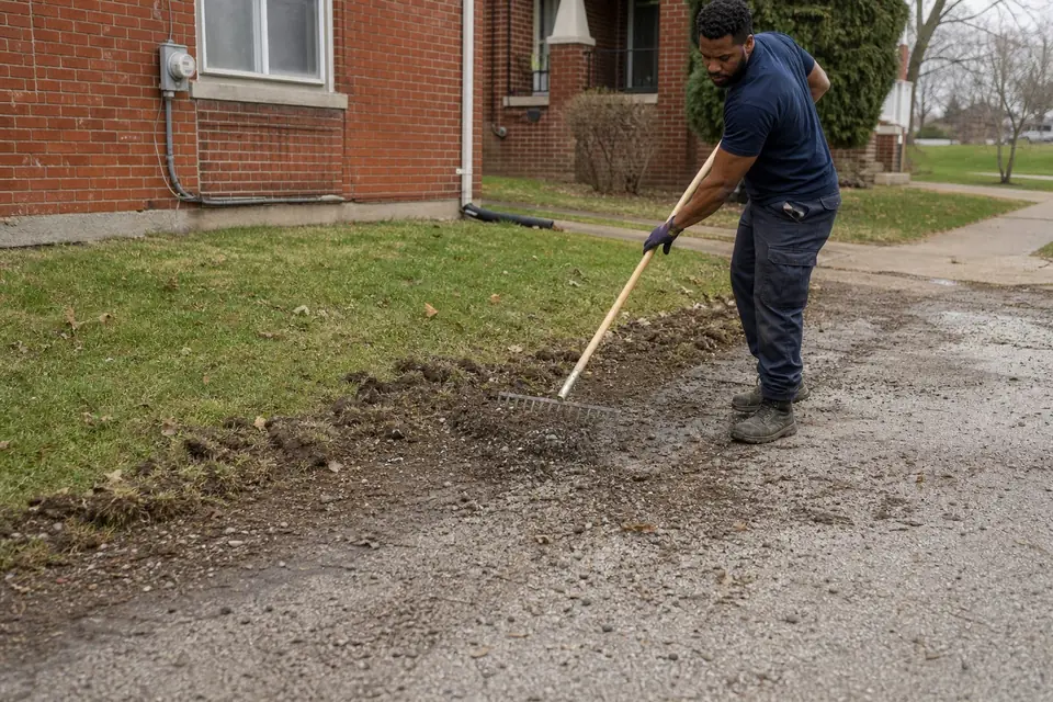 Crew member raking plow gravel off a lawn edge