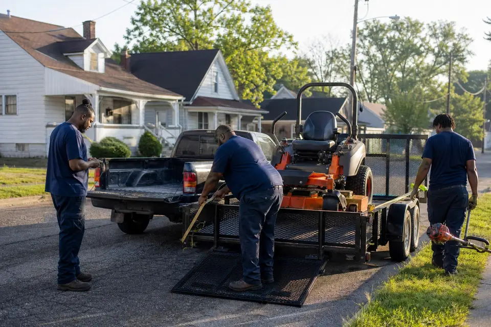 Three-man landscaping crew getting ready at their truck and trailer
